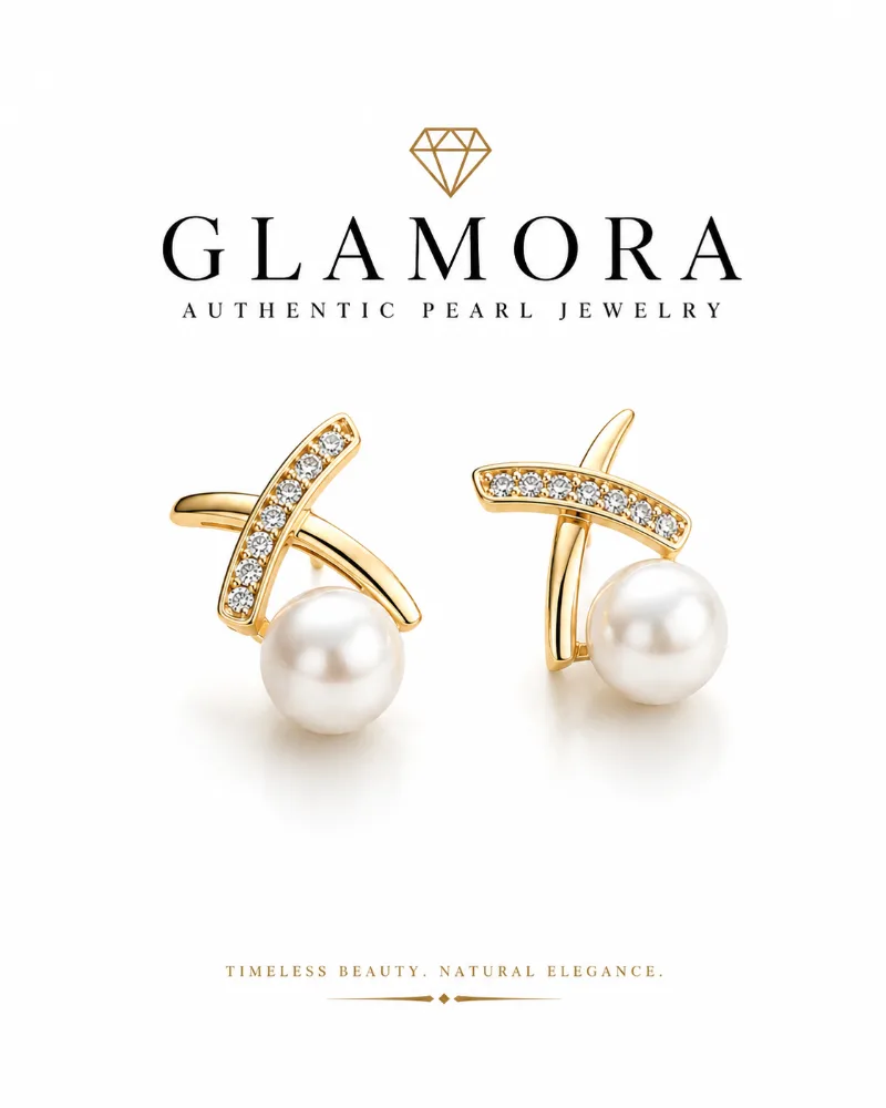 E21 ต่างหูไข่มุกแท้ รุ่น The Golden Arc Pearl Earrings ตัวเรือนเงินแท้ชุบทอง 18k ฝังเพชร CZ