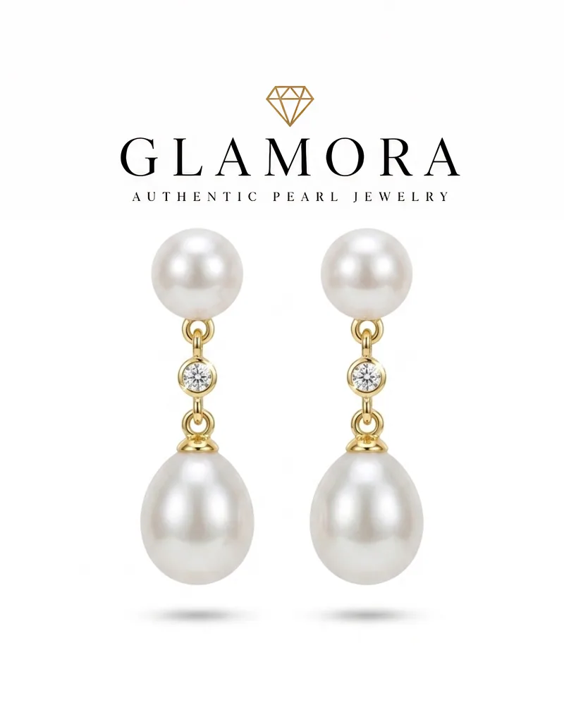 A03 ต่างหูไข่มุกแท้ รุ่น Double Drop | Freshwater Pearl คัดเกรด AAA + ตัวเรือนเงินแท้S925 ชุปทอง 18k