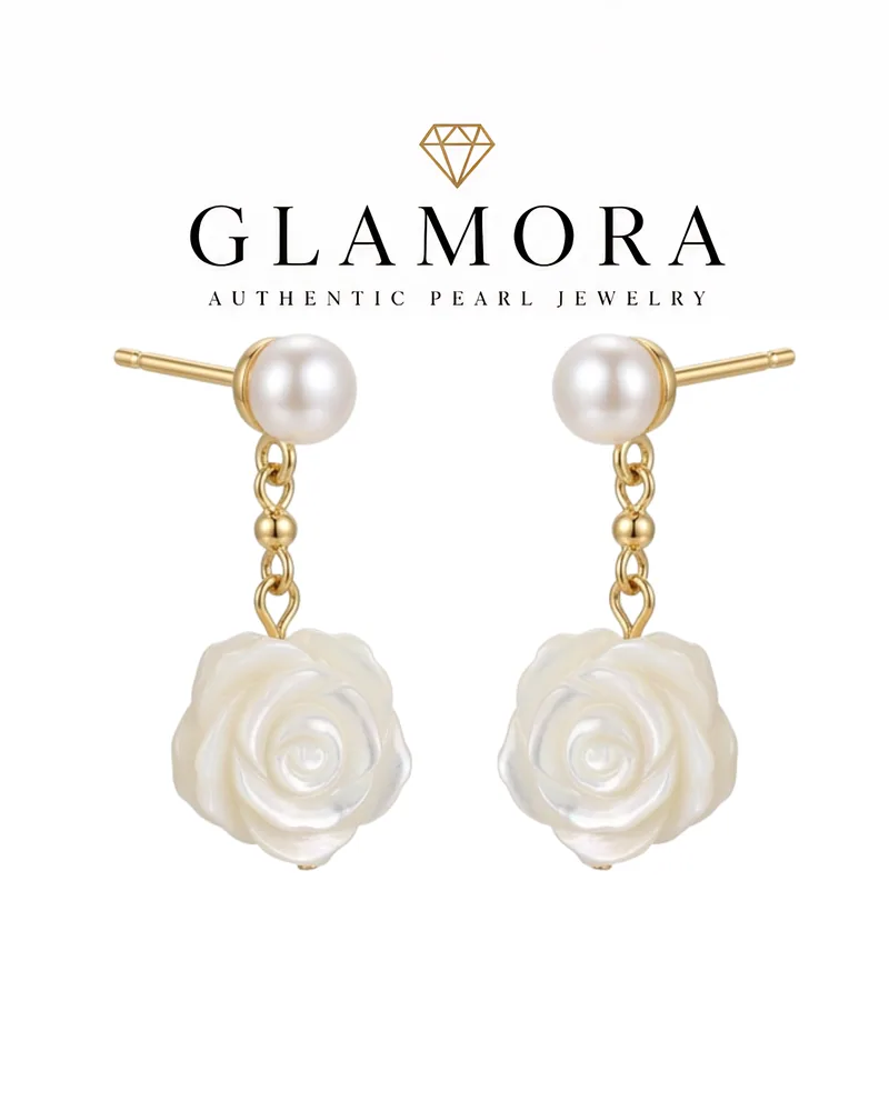 A01 ต่างหูไข่มุก รุ่น Camellia Drop เงินแท้S925 ชุปทอง 18k