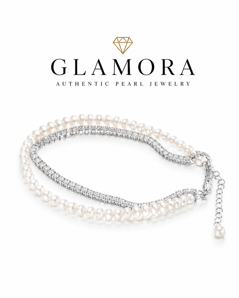 B01 สร้อยข้อมือไข่มุกแท้ The Quiet Grace Bracelet ไข่มุก3-4mm สร้อยข้อมือ 2เลเยอร์ ดีไซน์ไข่มุก เพชร