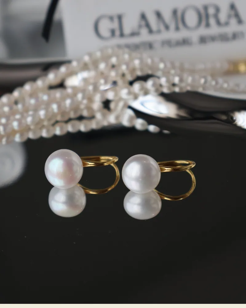 E03 ต่างหูไข่มุกแท้ ขนาด 9-10mm รุ่นClassic Hook ตัวเรือนเงินแท้ S925 ชุปทอง14k image 8