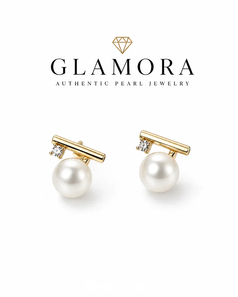 E10 ต่างหูไข่มุกแท้ รุ่น Linea Pearl ตัวเรือนเงินแท้ชุบทองคำแท้ 18K / ฝังเพชร CZ