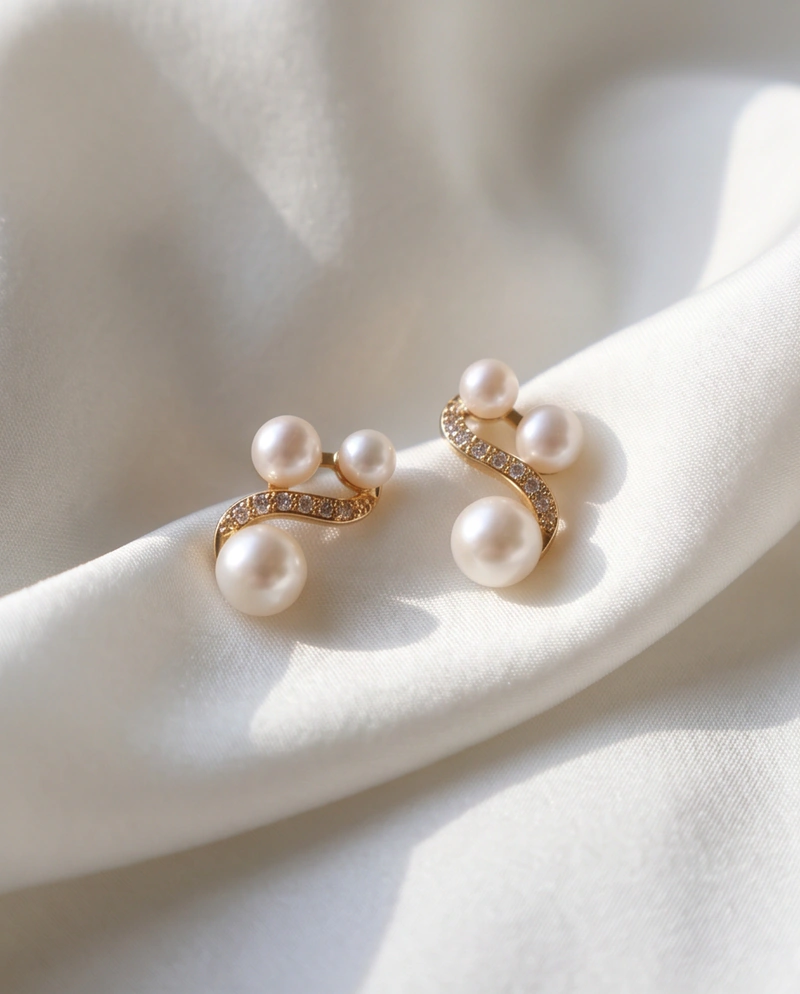 E14 ต่างหูไข่มุกแท้3เม็ด รุ่น The Golden Wave Pearl Earring ตัวเรือนเงินแท้ S925 ชุปทอง 18k image 3