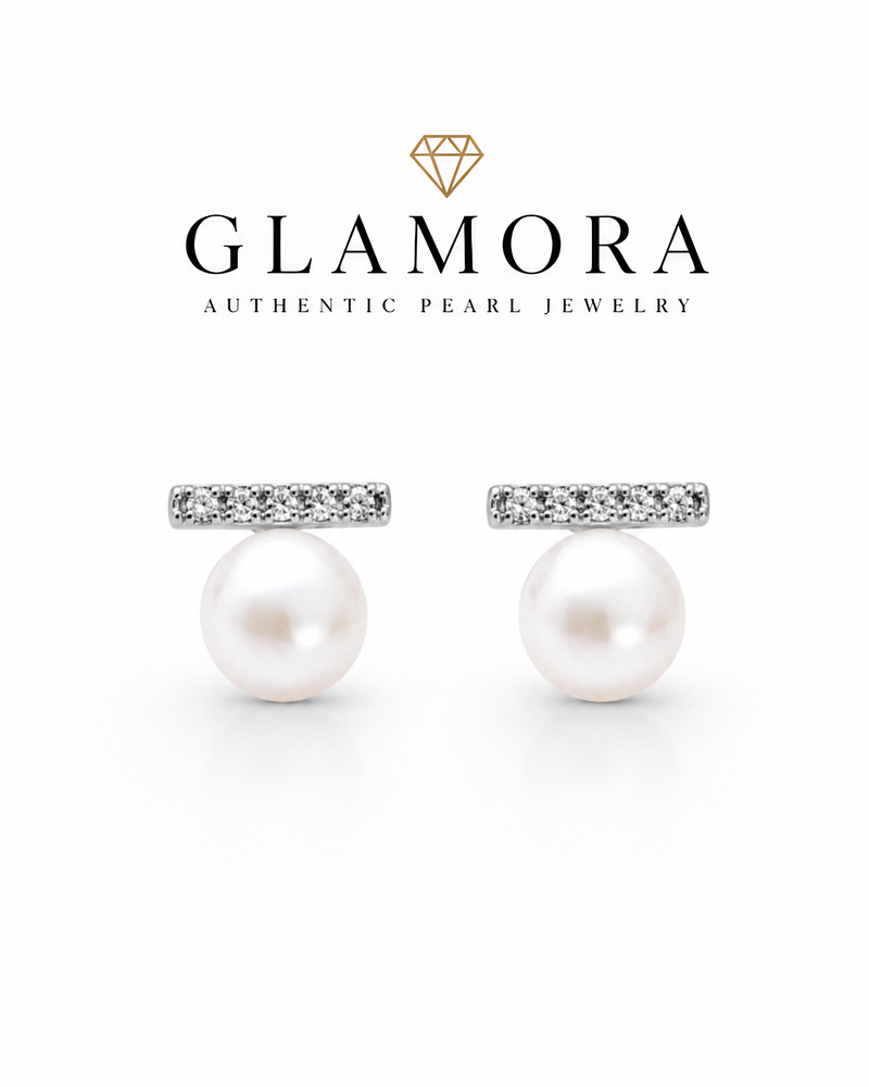 E16 ต่างหูไข่มุกแท้ รุ่น The Sleek Bar Pearl Earrings ไข่มุกขนาด7-8มม. ตัวเรือนเงินแท้ S925