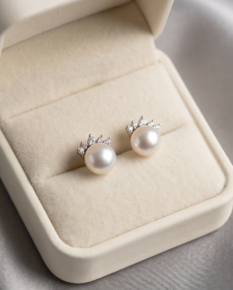 E20 ต่างหูไข่มุกแท้ รุ่น The Crown Grace Pearl Earrings ตัวเรือนเงินแท้ S925 ฝังเพชร CZ — alternate view