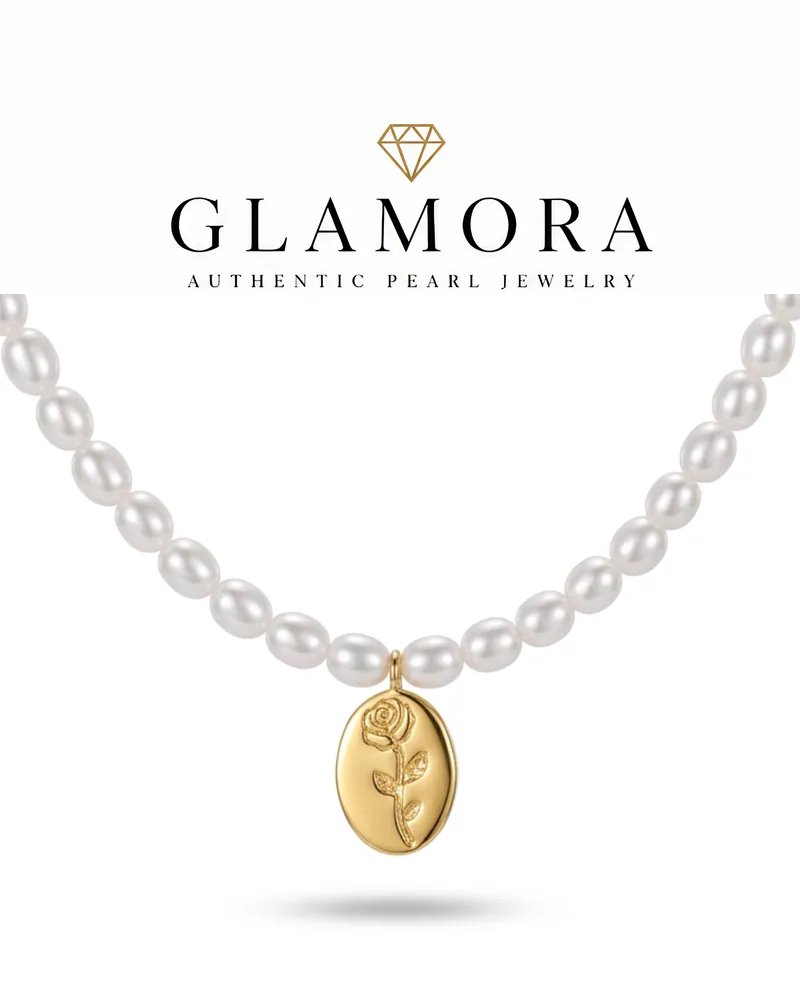 N01 สร้อยคอไข่มุกแท้ รุ่น Golden Petal พร้อมกล่อง ตัวจี้เงินแท้ S925 ชุปทอง14k
